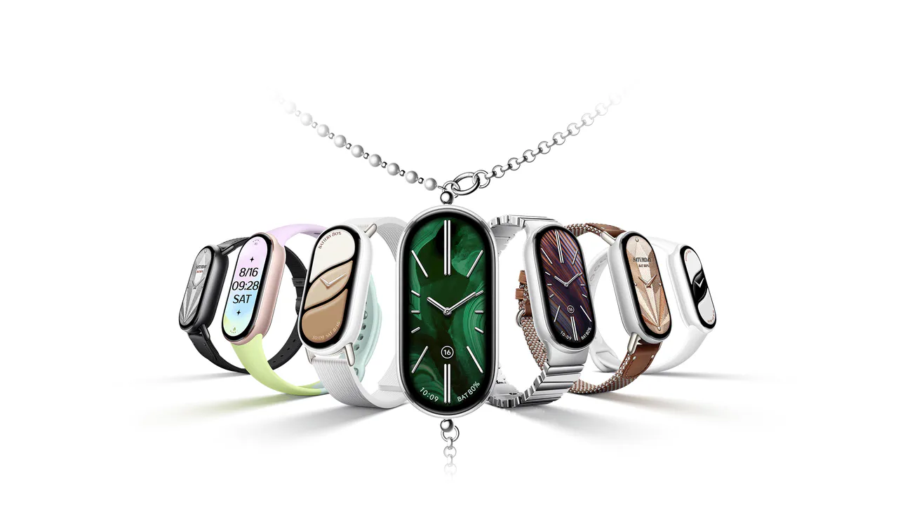 Imagem oficial da Xiaomi Smart Band 10 com tela colorida e pulseiras em diferentes cores.