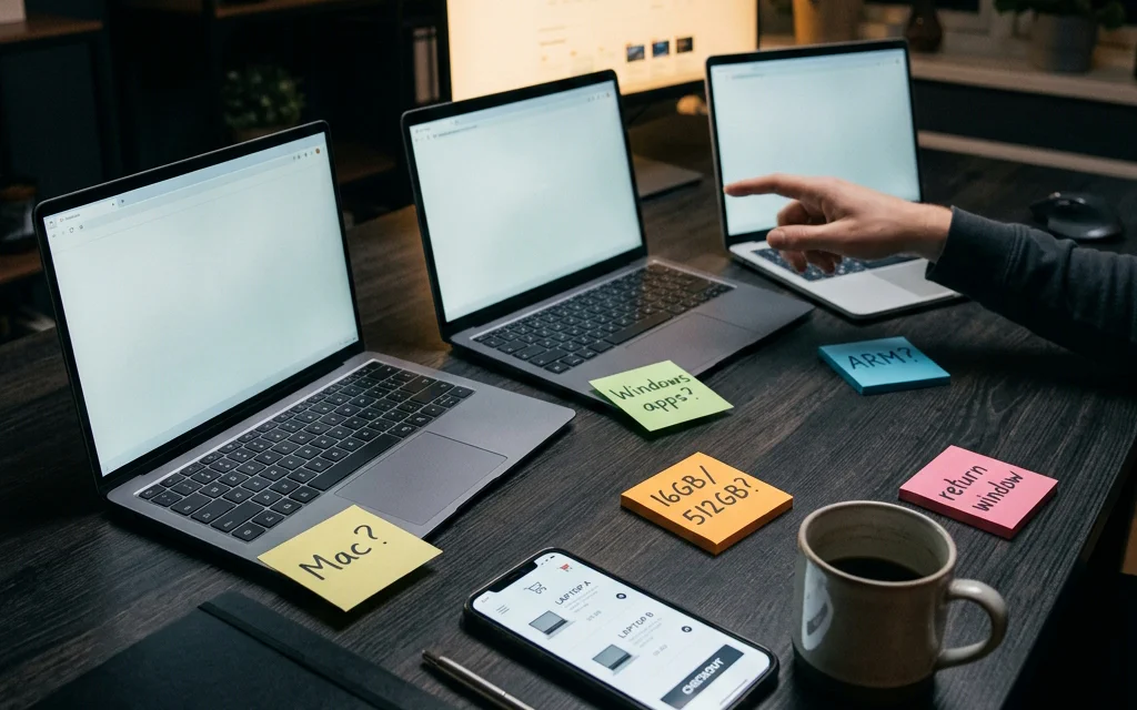A laptop buying workspace on a dark graphite desk with sticky notes and laptops open under warm lighting.