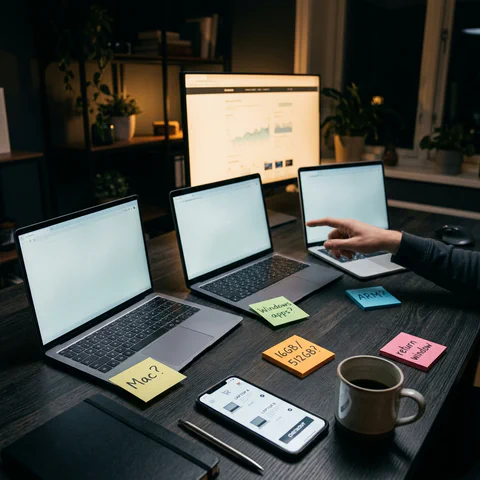 A laptop buying workspace on a dark graphite desk with sticky notes and laptops open under warm lighting.