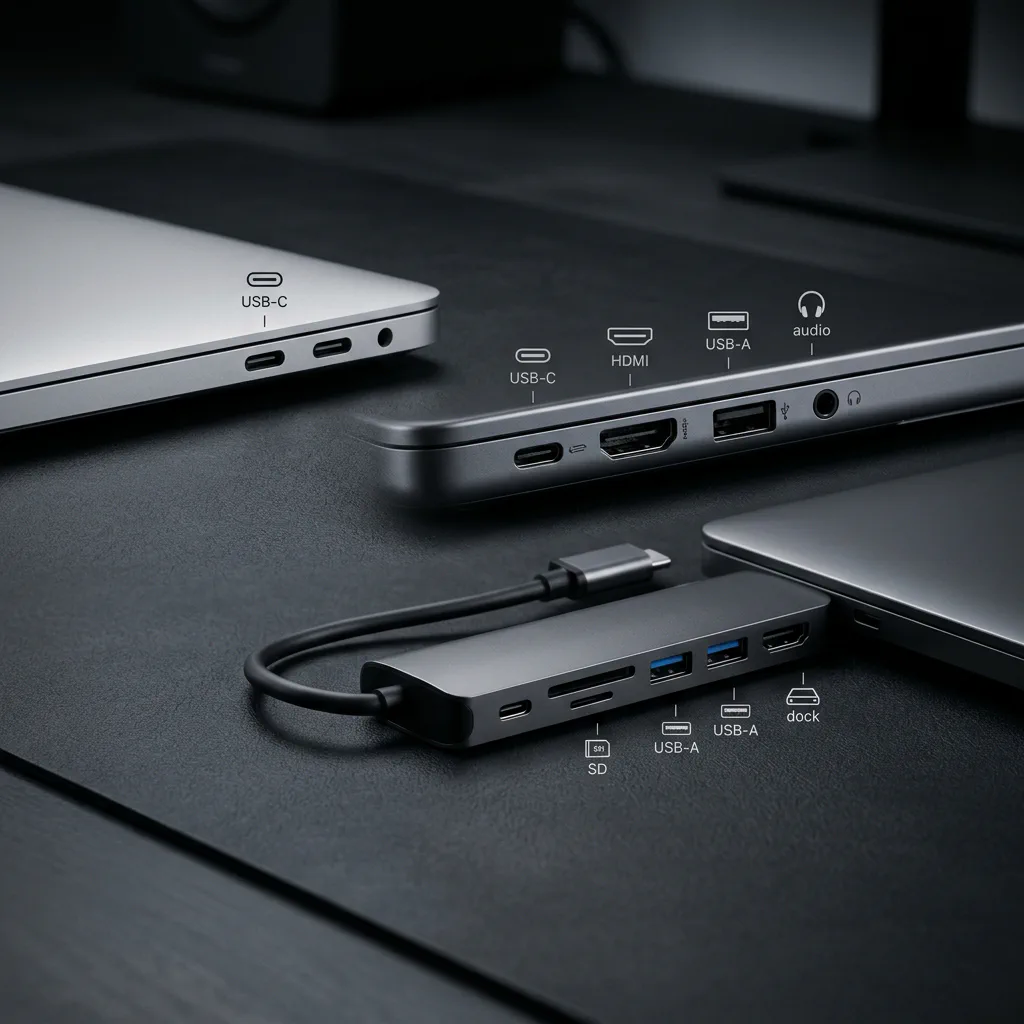 Tactile comparison of side ports on thin laptops, showing USB-C, HDMI, and USB-A options on a dark graphite desk.