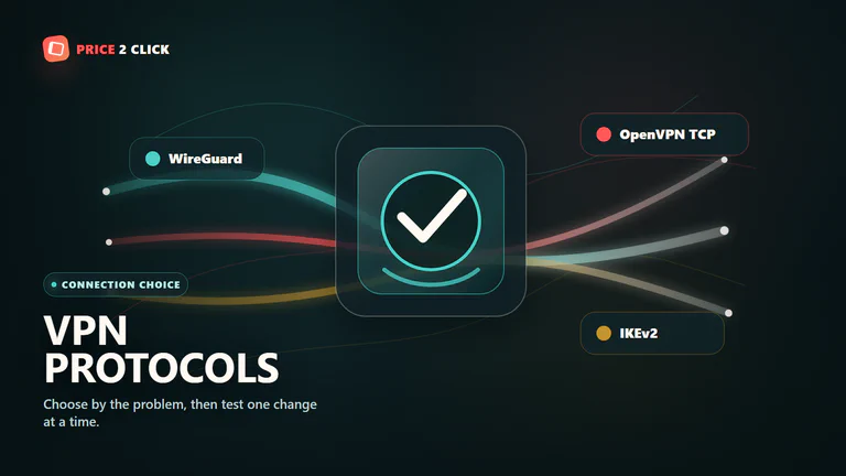 Sélecteur de protocole VPN avec les chemins WireGuard, OpenVPN TCP et IKEv2 convergeant via une route chiffrée.
