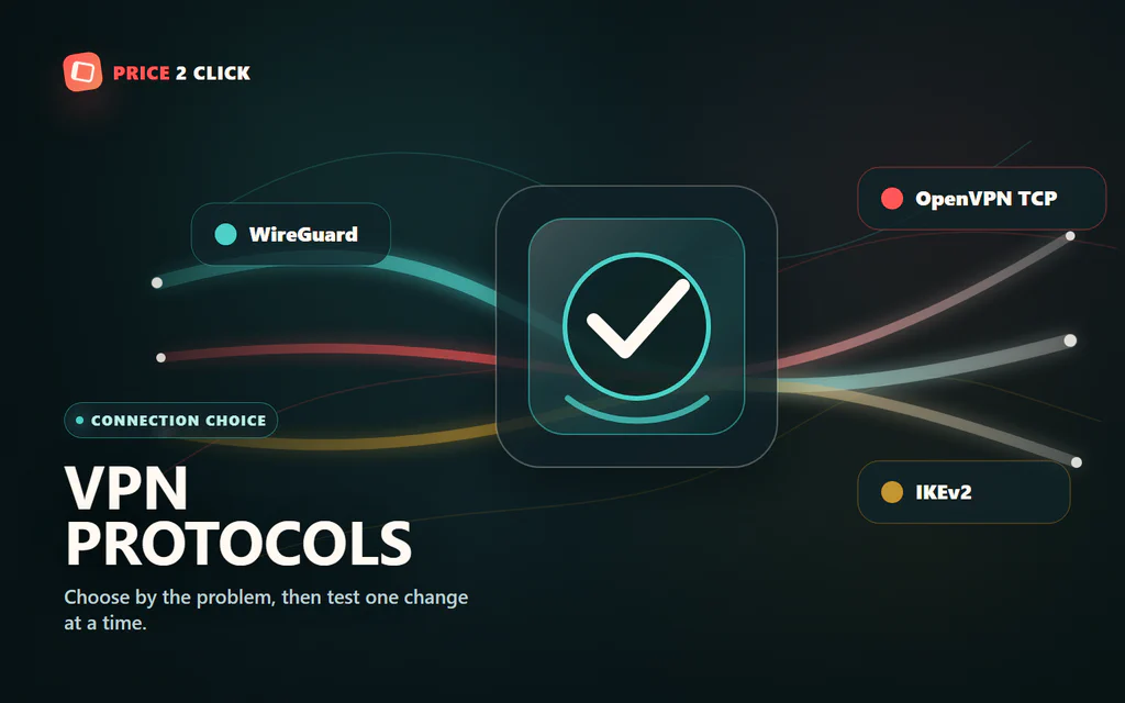 Sélecteur de protocole VPN avec les chemins WireGuard, OpenVPN TCP et IKEv2 convergeant via une route chiffrée.