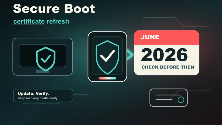 Editorial illustration of a Windows PC boot path passing a Secure Boot certificate check before a June 2026 deadline.